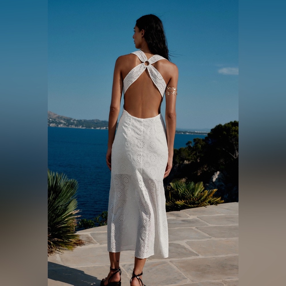ZARA Cotton Eyelet Embroidered Halter Midi dress. L NWT - Picture 2 of 16